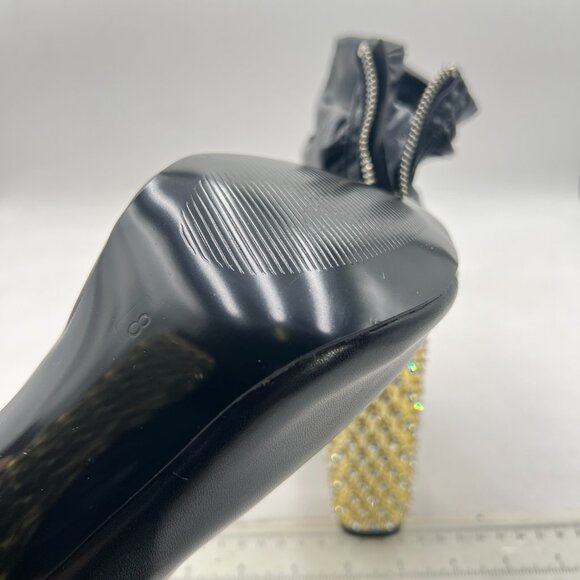 FSJ Black Stylish Peep Toe Slouch Ankle Boots Chunky Stacked Heels Crystal Shoes - Picture 6 of 8